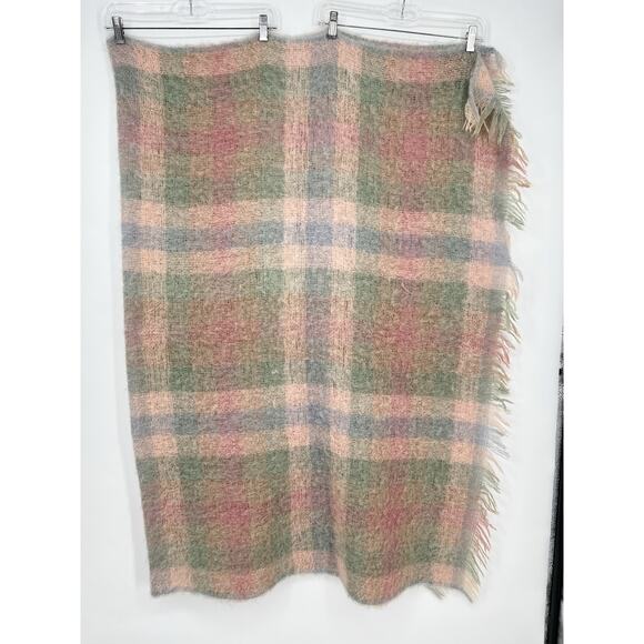 Vtg 60s Heather Brae Mohair Wool Throw Blanket Scotland Blend 72x48 Pink Green - Picture 4 of 9